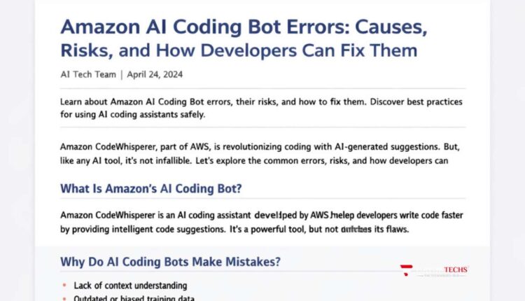 Amazon AI coding bot errors illustration showing CodeWhisperer issues, security vulnerabilities, logic mistakes, and AI-generated code problems